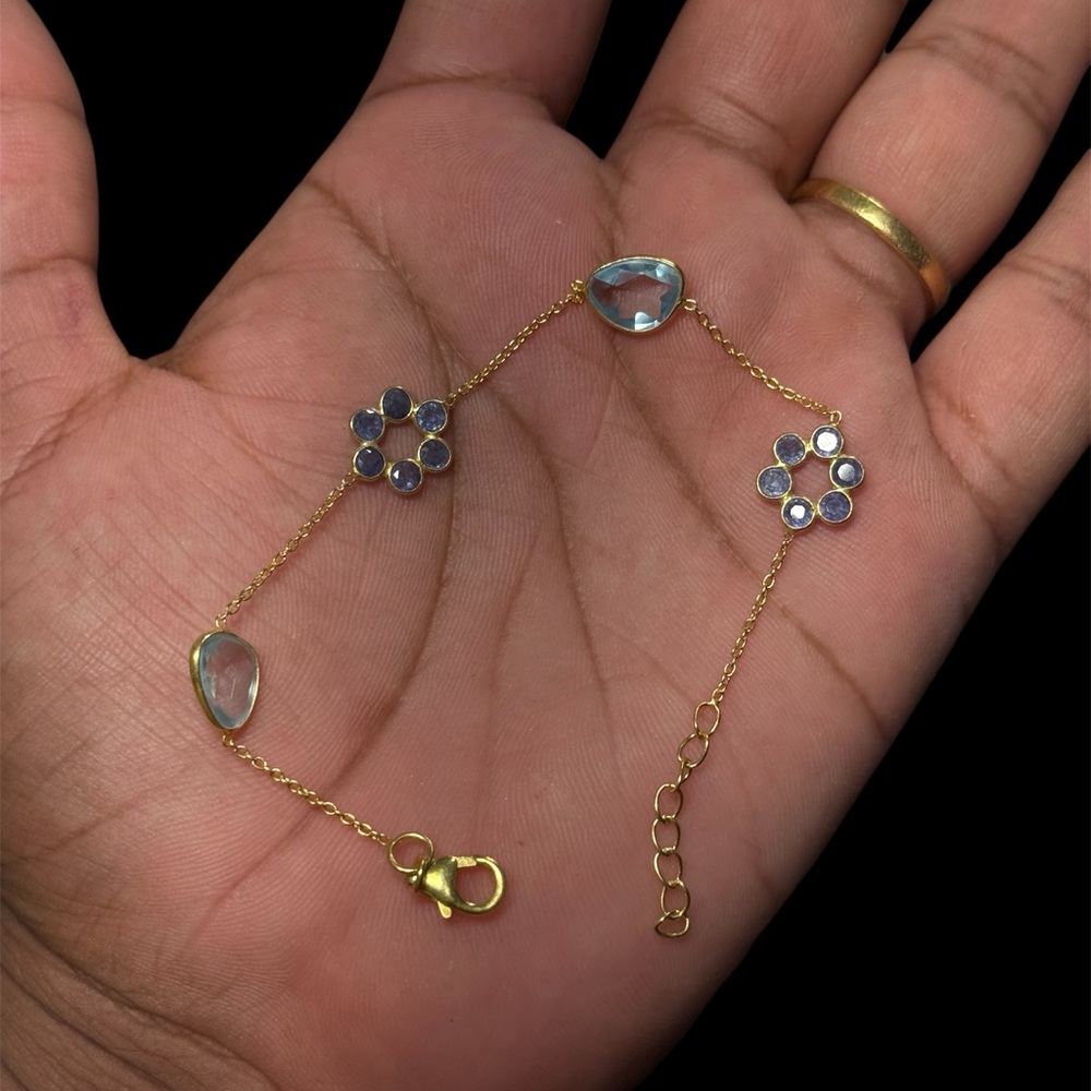 Kyanite & Aquamarine Flower Bracelet 925 Sterling Silver Gold Plated 7.5"